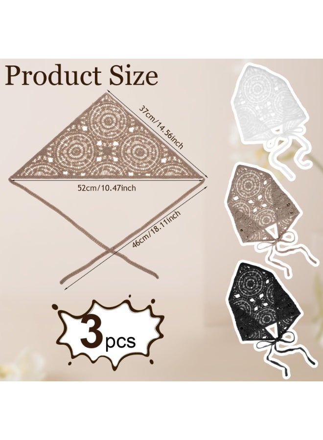 3 Pcs Crochet Bandana, Hair Scarf Crochet Head Scarf Tie Knitted Headscarf Black White Bandana Vintage Hairband Floral Head Kerchief Cutout Summer Beige Bandanas Retro Boho Kerchief for Styling - Image 3